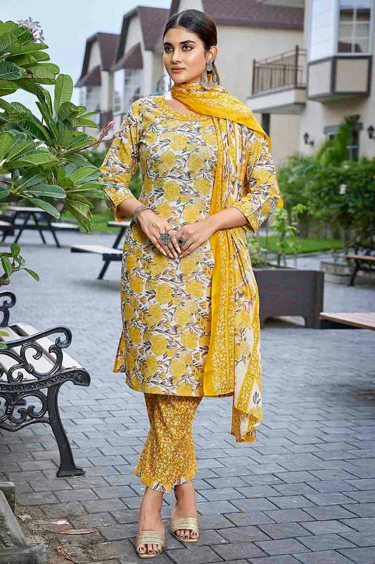 Yellow Cotton Blend Stitched Suit NCSS11110870