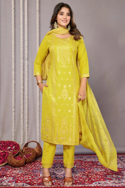 Yellow Cotton Blend Stitched Suit NCSS11111389
