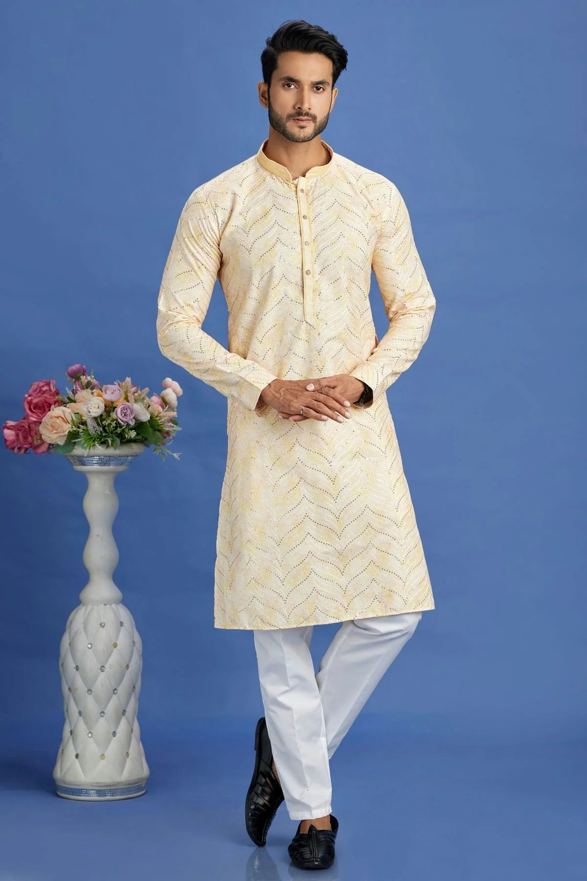 Yellow Cotton Pintex Kurta Pajama NCKP12310215