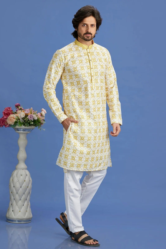 Yellow Cotton Pintex Kurta Pajama NCKP12310226