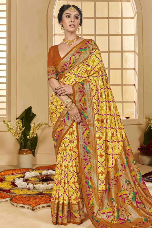Yellow Cotton Silk Ikkat Printed Traditional Saree NCSD11110414