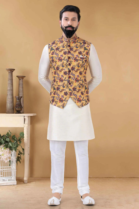 Yellow Cotton Kurta PajamaWith Jacket  NCKP11310161