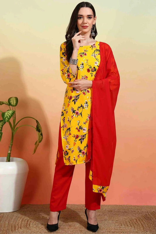 Yellow Crepe Printed Pant Style Suit NCSS11110370
