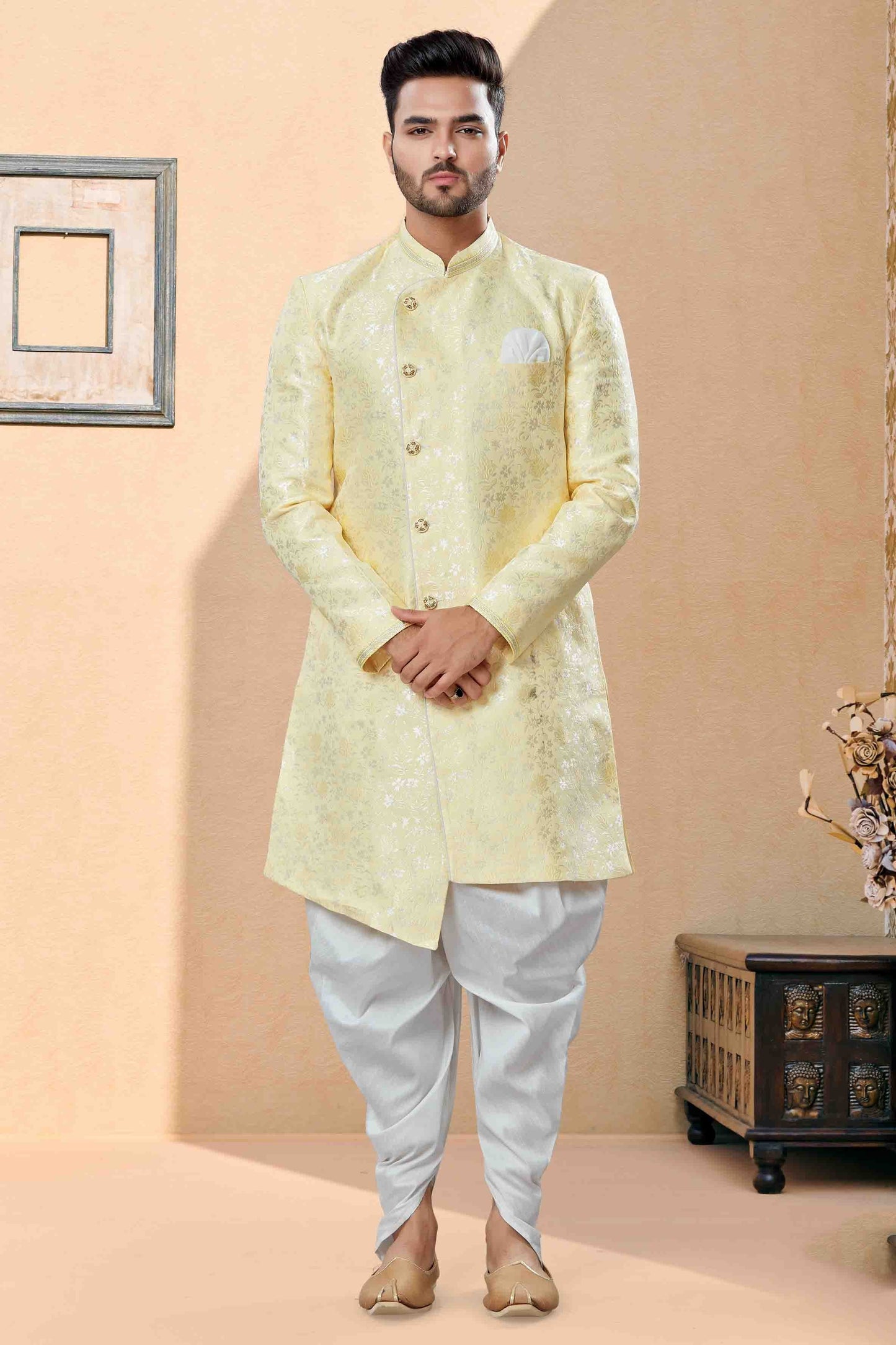 Yellow Dhoti SherwaniIn Banarasi Jacquard  NCSH10410489
