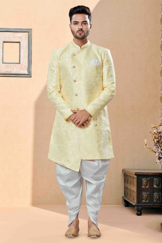 Yellow Dhoti SherwaniIn Banarasi Jacquard  NCSH10410489