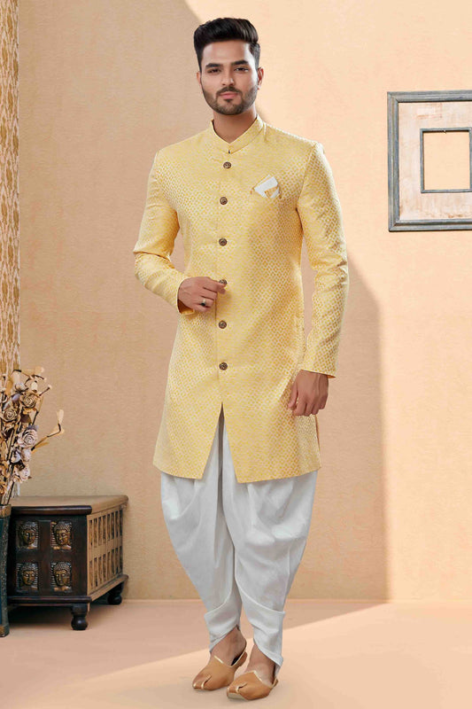 Yellow Dhoti SherwaniIn Banarasi Jacquard NCSH10410526