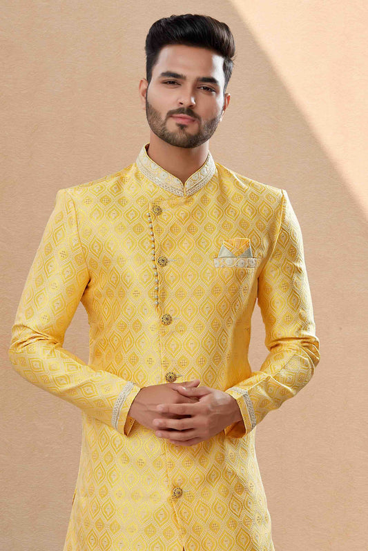 Yellow Dhoti SherwaniIn Banarasi Jacquard  NCSH10410529
