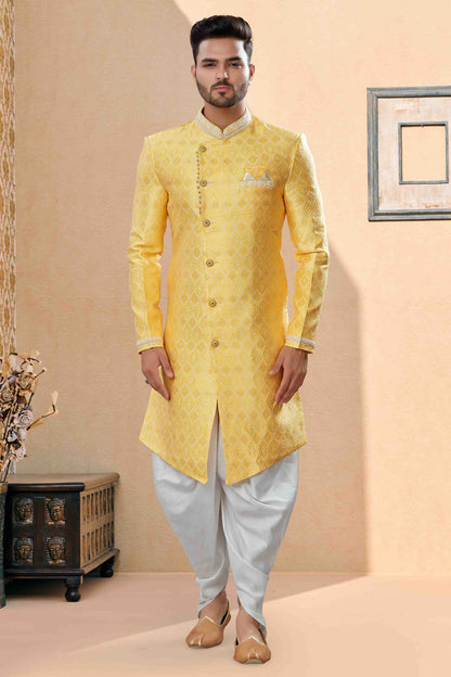 Yellow Dhoti SherwaniIn Banarasi Jacquard NCSH10410529