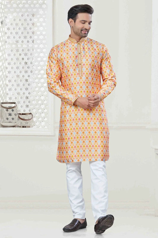 Yellow Digital Print Silk Kurta Pajama NCKP11110559