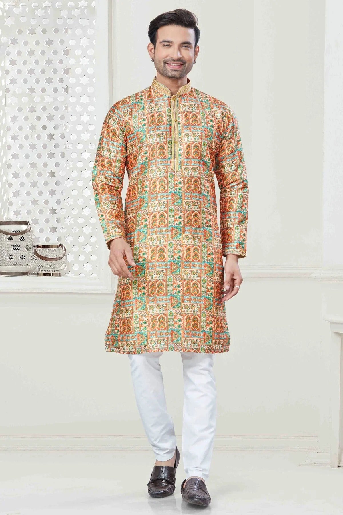 Yellow Digital Print Silk Kurta Pajama NCKP11110566