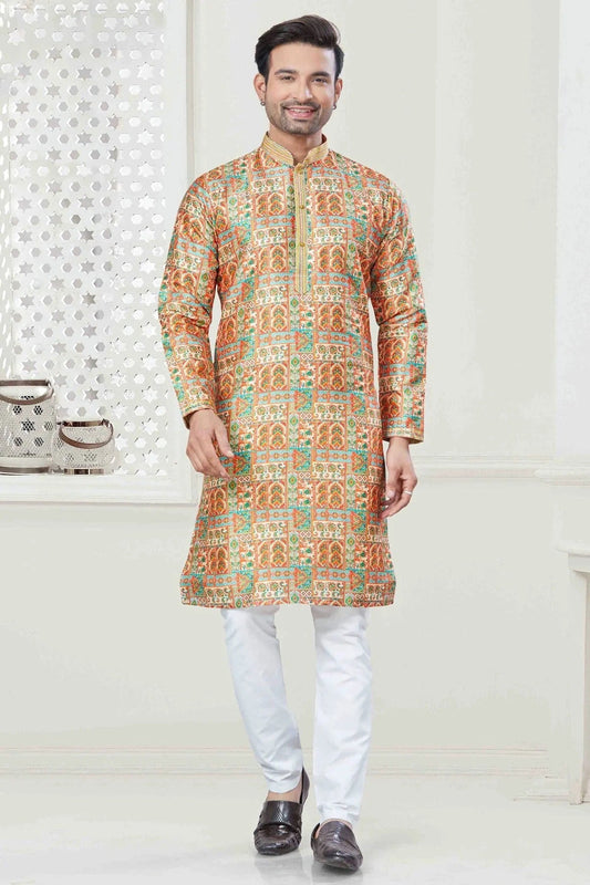 Yellow Digital Print Silk Kurta Pajama NCKP11110566