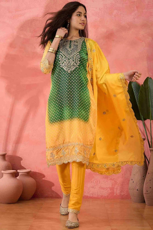 Yellow Embroidery Chinon Silk Pant Style Suit NCSS11110492