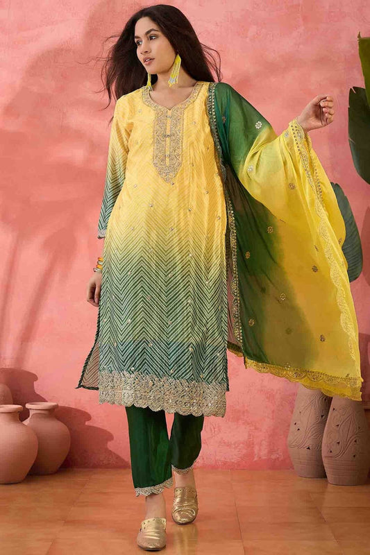 Yellow Embroidery Chinon Silk Pant Style Suit NCSS11110497