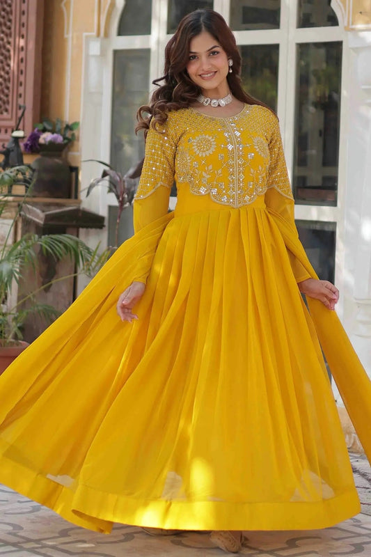 Yellow Embroidery Faux Georgette Gown NCGW11110476