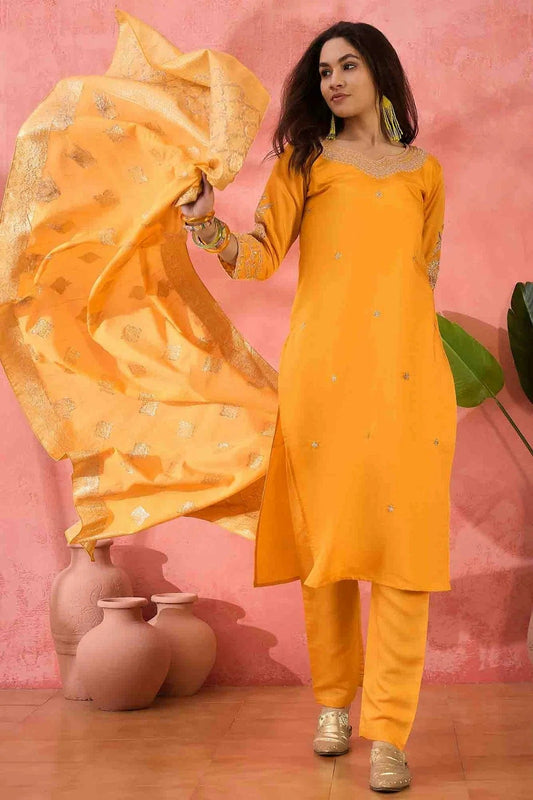 Yellow Embroidery Roman Silk Pant Style Suit NCSS11110488