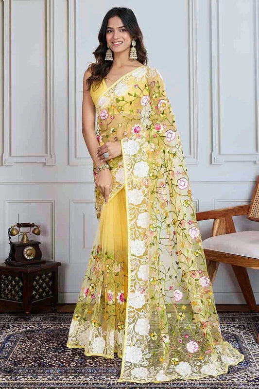 Yellow Embroidery Soft Net Designer Saree NCSD11110589
