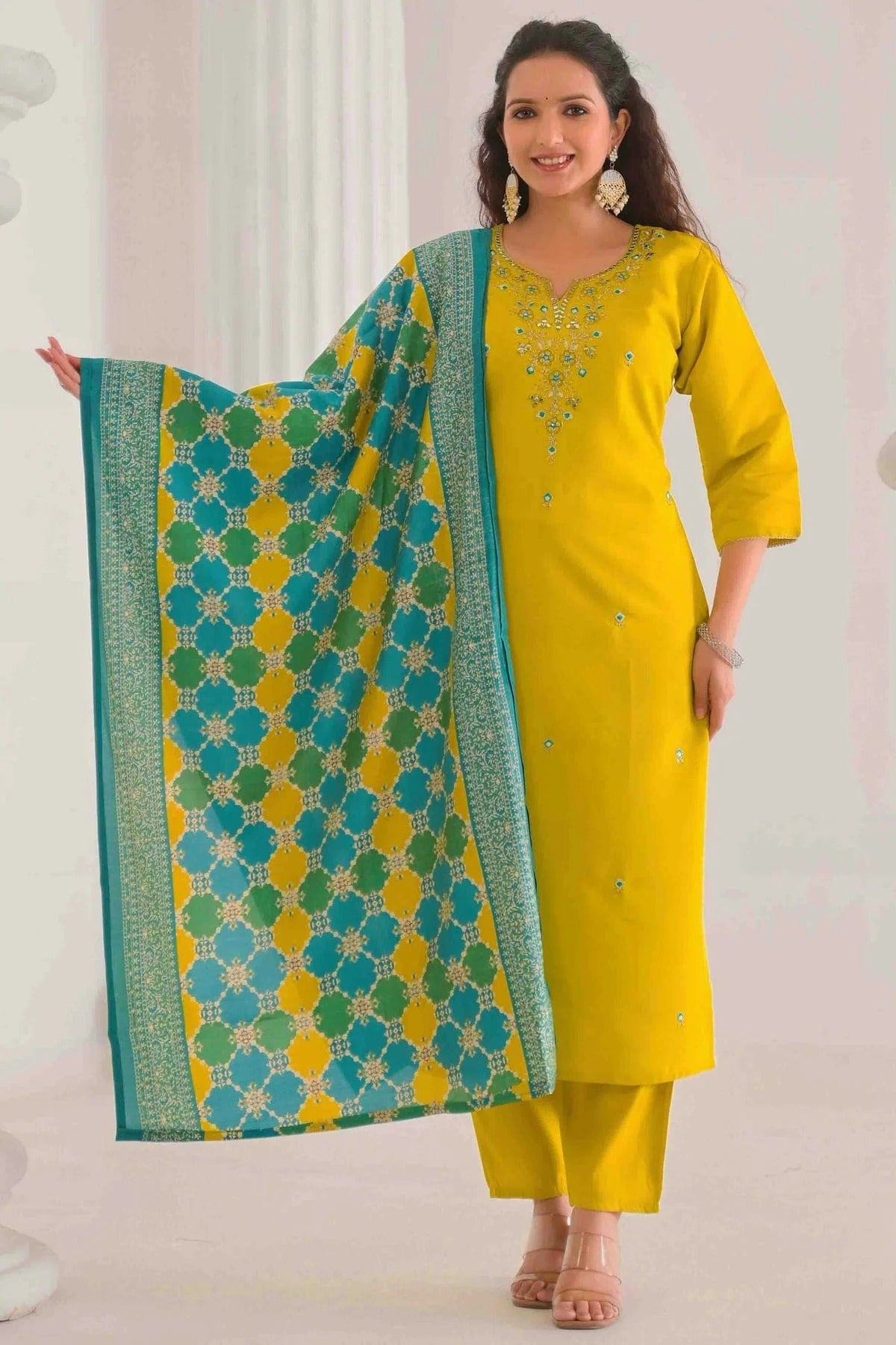 Yellow Embroidery Viscose Chanderi Pant Style Suit NCSS11110499