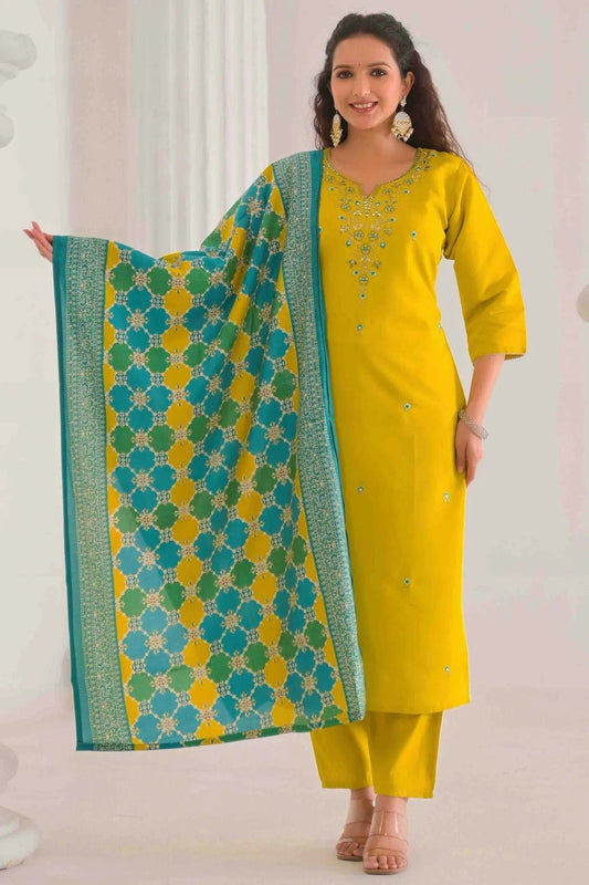 Yellow Embroidery Viscose Chanderi Pant Style Suit NCSS11110499