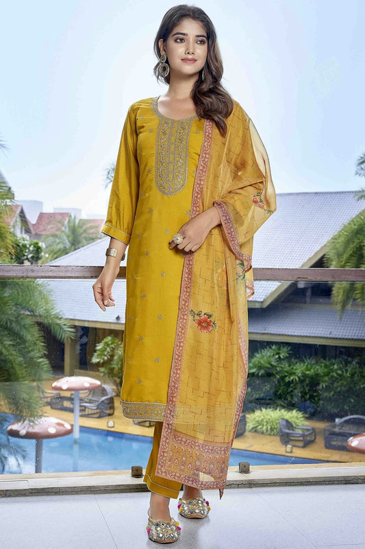 Yellow Embroidery Viscose Chanderi Pant Style Suit NCSS11110521
