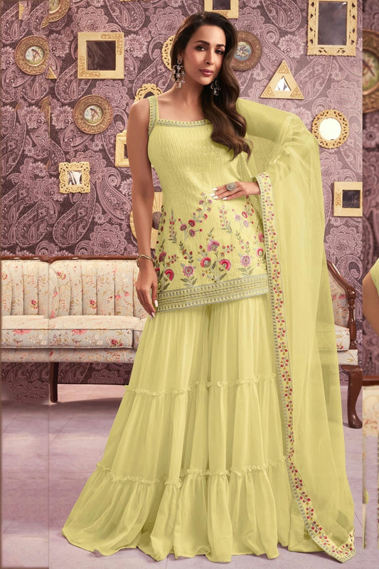 Yellow Faux Georgette Semi Stitched Sharara Suit NCSM11410427