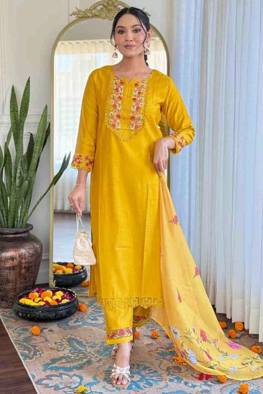 Yellow Gadhwal Silk Stitched Suit NCSS11110688
