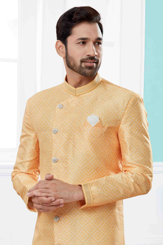 Yellow Indo Western In Jacquard  NCSH10410544