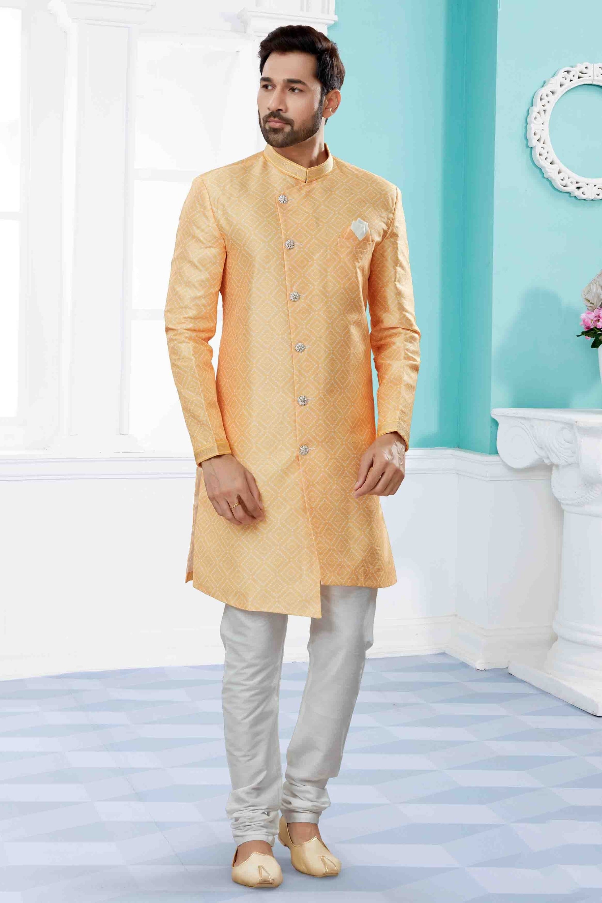 Yellow Indo Western In Jacquard NCSH10410544
