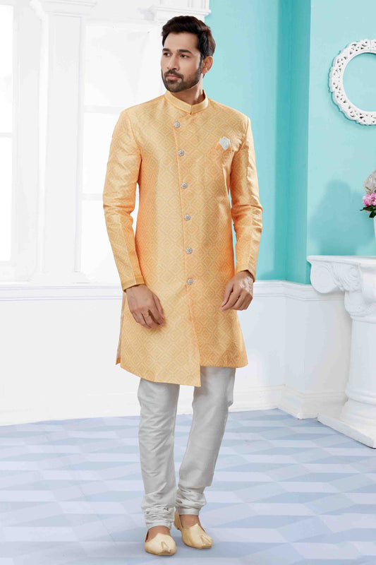 Yellow Indo Western In Jacquard NCSH10410544