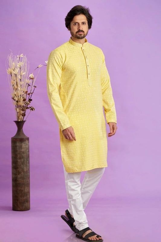 Yellow Jacquard Art Silk Pintex Kurta Pajama NCKP12310176