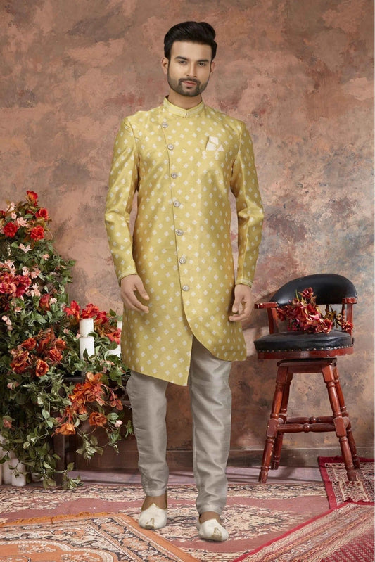Yellow Jacquard Digital Print Sherwani NCSH10410433
