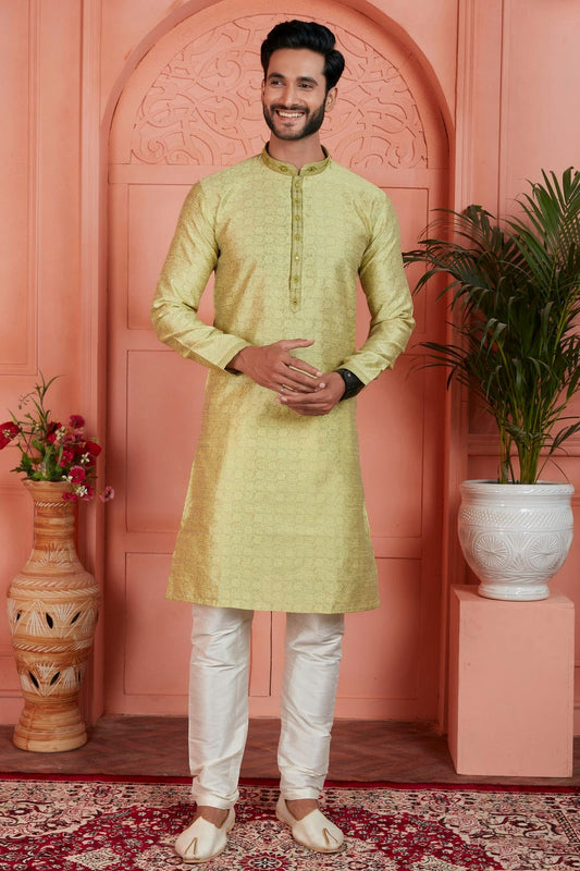Yellow Jacquard Silk Brocade Kurta Pajama NCKP12310146