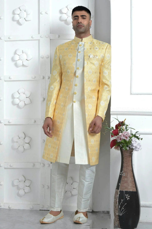 Yellow Jacquard Silk Indowestern Sherwan With Aligadhi Pant  NCSH12310342