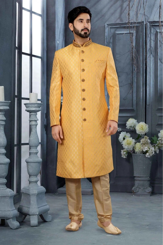 Yellow Jacquard Woven Sherwani NCSH10410414