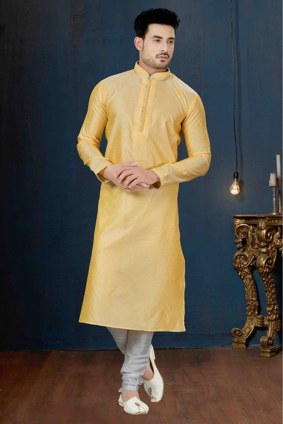 Yellow Kurta Pajama In Jacquard NCKP10410622