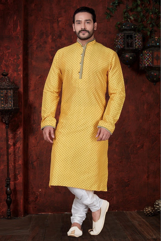 Yellow Kurta Pajama In Jarna Print NCKP10410613