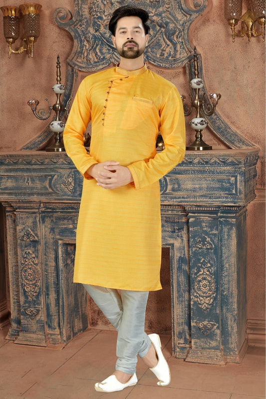 Yellow Kurta Pajama In Silk NCKP10410636