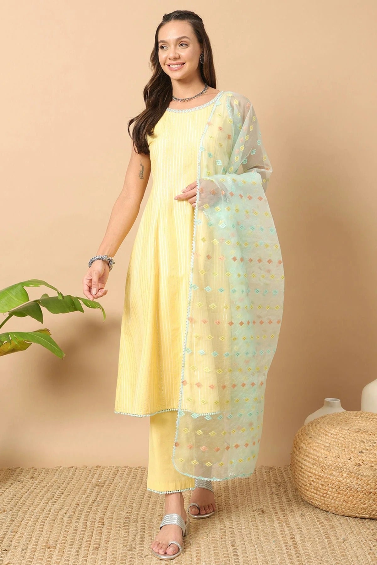 Yellow Lurex Cotton Stitched Salwar Suit NCSS11111605