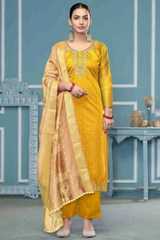 Yellow Modal Banarasi Pant Style Suit NCSM11110748