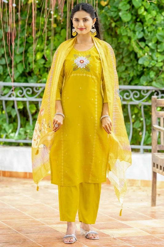 Yellow Modal Silk Stitched Suit NCSS11111405