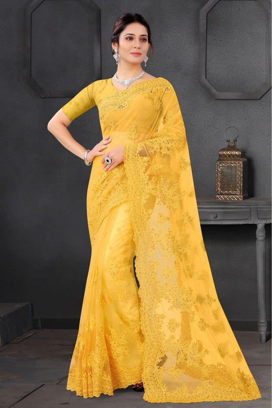 Yellow Net Embroidery Saree NCSD10910578