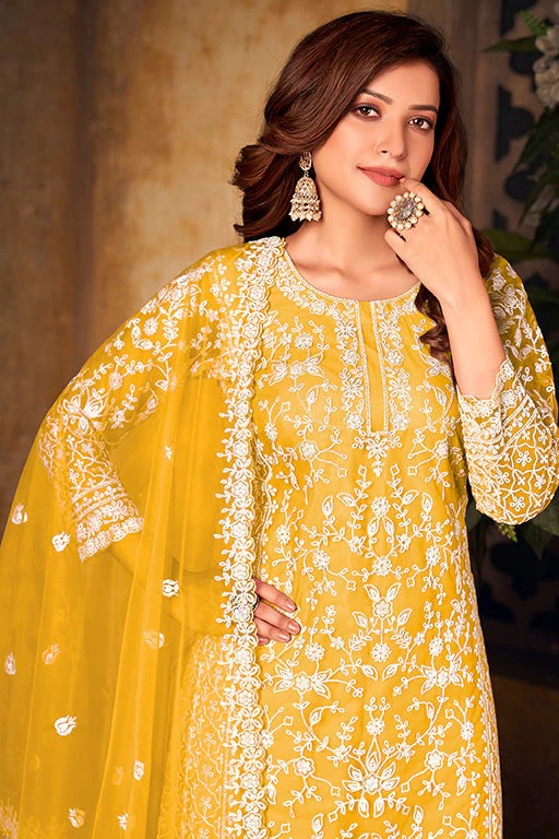 Yellow Net Semi Stitched Palazzo Pant Suit NCSM10510391