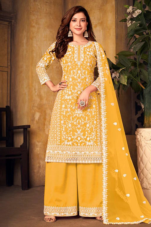 Yellow Net Semi Stitched Palazzo Pant Suit NCSM10510391