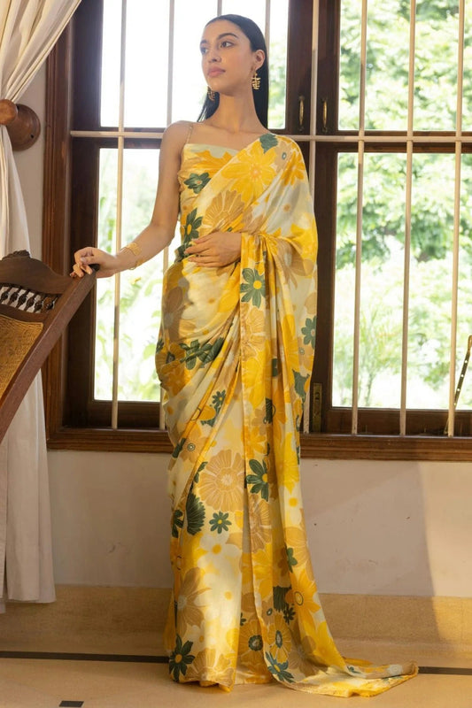 Yellow Nylon Japan Satin Printed Saree NCSD11111816