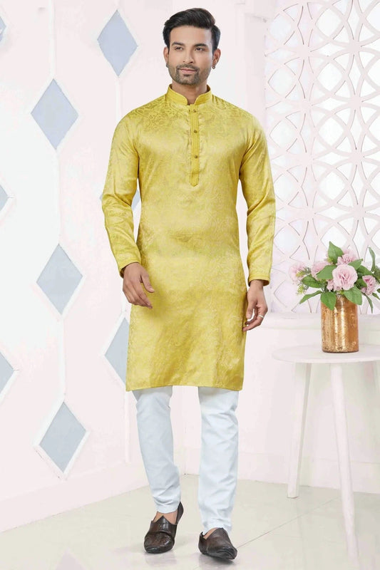 Yellow Pintex and Woven Jacquard Silk Kurta Pajama NCKP11110574