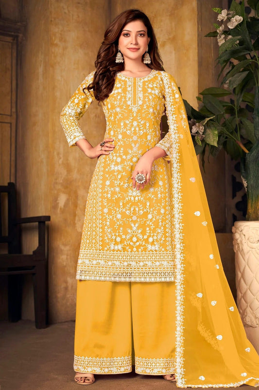 Yellow Plazoo Pant SuitNet Semi Stitched  NCSM10510235