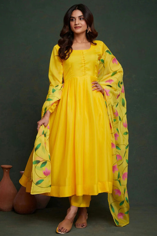 Yellow Printed Viscose Organza Stitched Suit NCSS11111296
