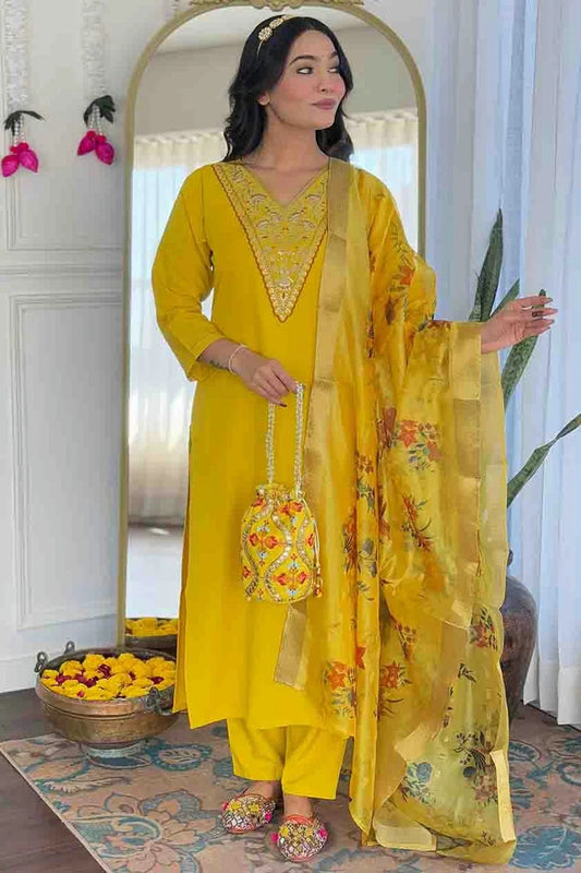 Yellow Rayon Embroidery Pant Style Suit NCSS11110360