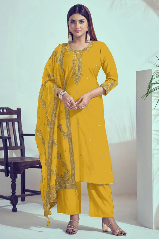 Yellow Roman Silk Stitched Salwar Suit NCSS11111593