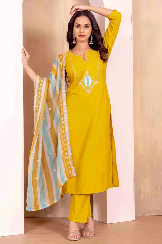 Yellow Roman Silk Stitched Suit NCSS11110665