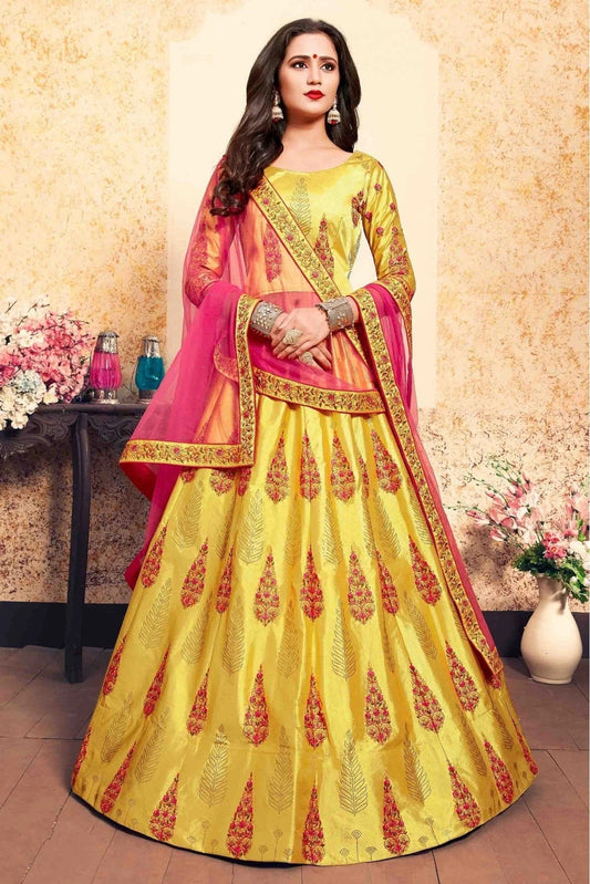 Yellow Satin Embroidery Lehenga Choli NCLC10810455